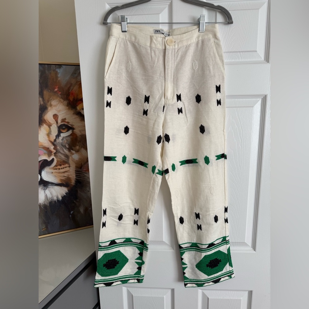 Zara Cream Knit Pants with Black & Green Geometric Accents